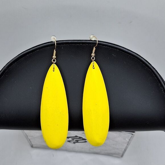Long Yellow drop earrings tear drop  shape wood jewelry handmade - Picture 1 of 4